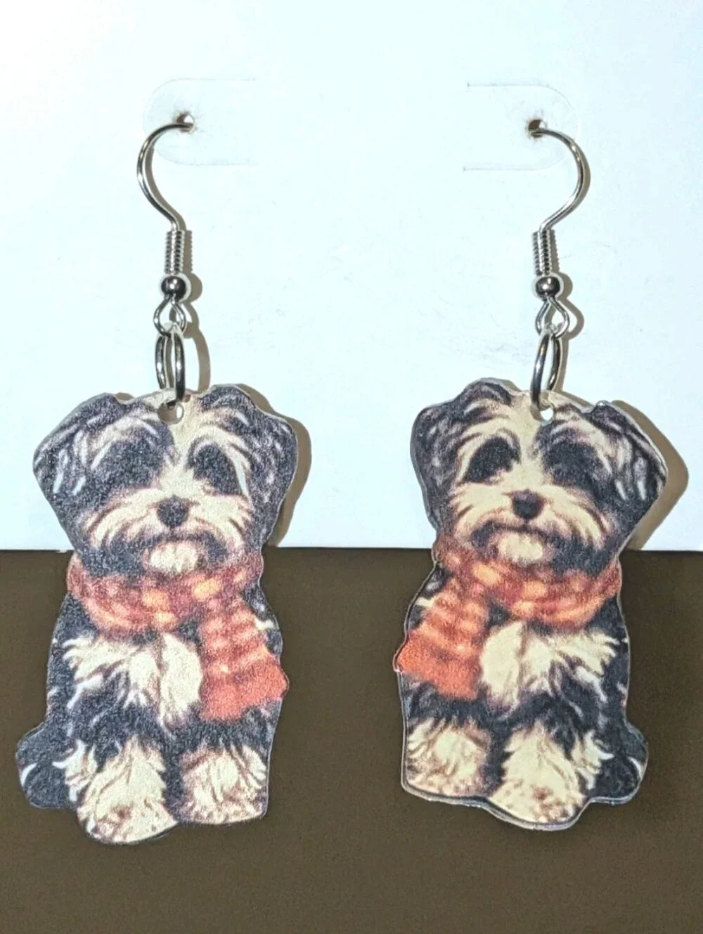 Hand Crafted Black, Cream and Orange Dog Scarf Drop Earrings
